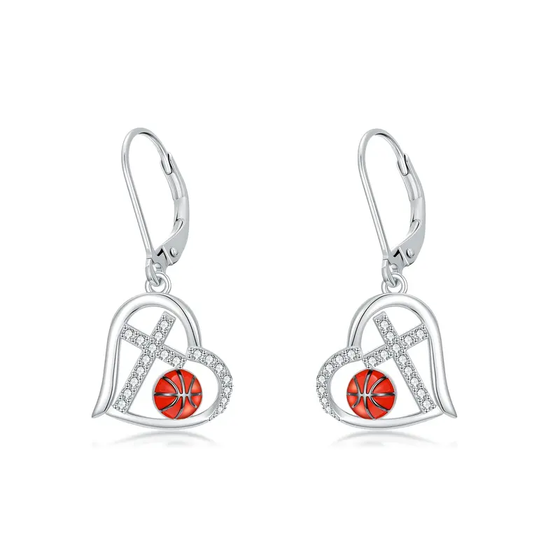 Sterling Silver Cubic Zirconia Basketball & Cross & Heart Lever-back Earrings