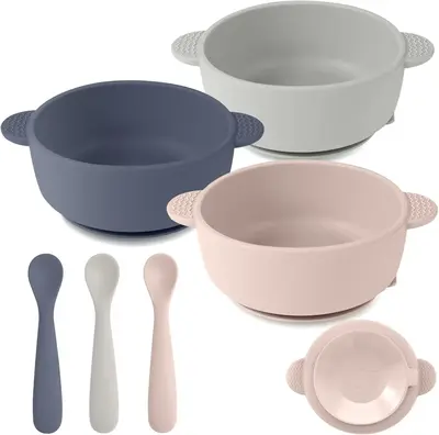 New Silicone Baby Feeding Set,3 Pack Bowls with Suction and 3 Pack Baby Spoons for Babies Toddlers Kids,Feeding Supplies