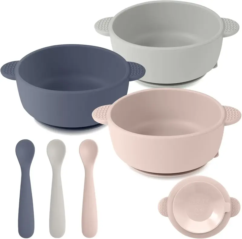 New Silicone Baby Feeding Set,3 Pack Bowls with Suction and 3 Pack Baby Spoons for Babies Toddlers Kids,Feeding Supplies