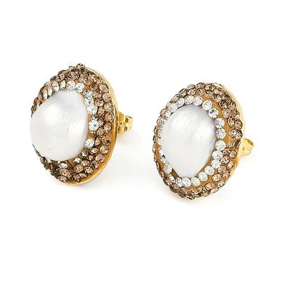 Rack Plating Oval Brass With Rhinestone & Natural Pearl Handmade Indonesia Stud Earrings