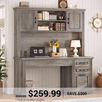 SEDETA | 47.2 Inch Executive Desk Farmhouse Computer Wood Table with Storage Drawers Hutch Cabinet Grey Home Office Furniture
