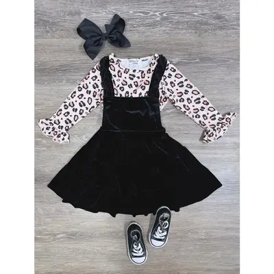 Pale Pink Cheetah Black Velvet Ruffle Girls or Toddler 2 Piece Long Sleeve Top and Jumper Dress Set