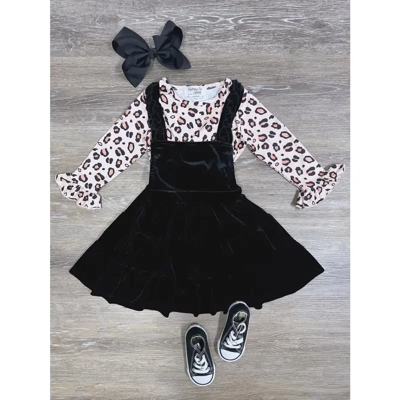 Pale Pink Cheetah Black Velvet Ruffle Girls or Toddler 2 Piece Long Sleeve Top and Jumper Dress Set