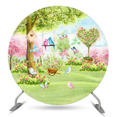 Aperturee Spring Birds Butterfly In The Garden Circle Backdrop Kit | Round Baby Shower Backdrop | Circle Backdrop Baby Shower...
