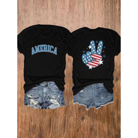 Women's Patriotic America Print T-Shirt - 4th of July Stars & Stripes Peace Sign Graphic, Short Sleeve Crew Neck Casual Top, ...
