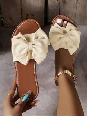 Women's Bow Decorated Slip on Flat Sandals, Simple Plain Lightweight Non-slip Sandals for Summer, Casual Home Sandals for Out...