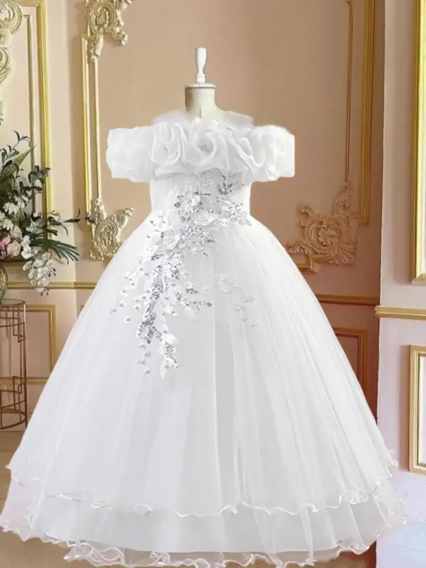 Off Shoulder Sequin Tulle Party Princess Dress, Elegant Floral Decor Sweater Dress for Evening Party, Kids Clothes for Summer