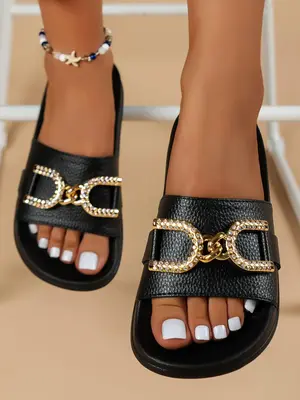 Women's Summer  Fashion Rhinestone Decorated Slides for Beach Holiday Vacation, Casual Comfortable Black Slide Sandals for In...