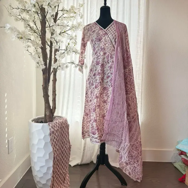 Purple Color Cotton Gown Set - Floral Design Cotton Dress with Matching Scarf