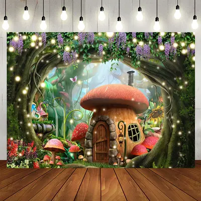 Aperturee Forest Flower Mushroom House Birthday Backdrop