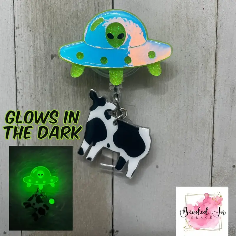 UFO Cow Abduction badge reel, Glow in the dark badge reel, Spaceship badge reel, Alien badge reel