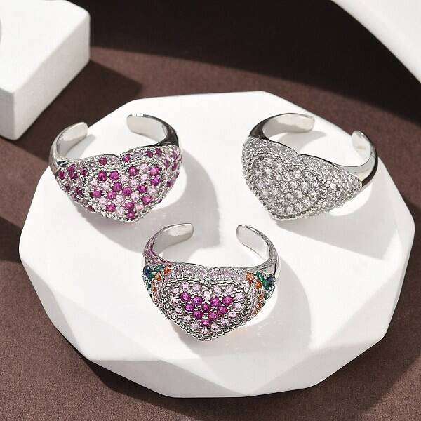 Heart Brass Micro Pave Cubic Zirconia Cuff Rings for Women