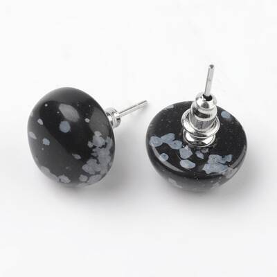 Half Round Dome Natural Snowflake Obsidian Stud Earrings