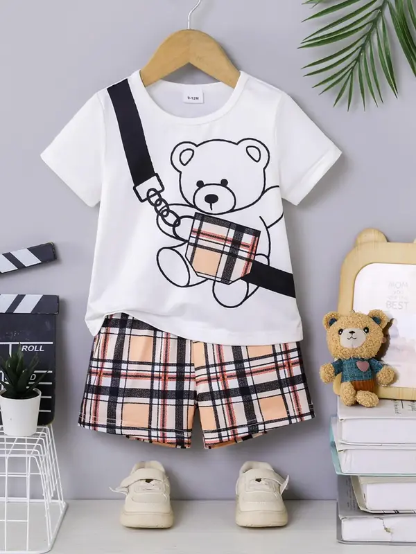 Baby Boy's Cartoon Bear Print Tee & Plaid Print Shorts Two-Piece Set, Casual Short Sleeve T-Shirt & Elastic Waist Shorts, Sum...
