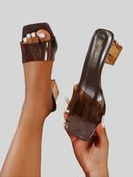 Elegant Transparent Square Toe High Heels Sandals, Women's Prom Shoes, Fashionable Heeled Sandals, Slip on Luxury Designer Sa...