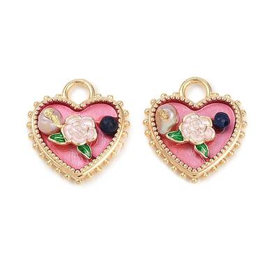 Brass Enamel & Natural Pearl Heart with Rose Flower Pendants