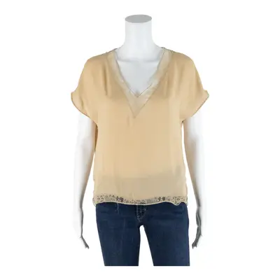 ZARA BASIC Sheer Lace Detail Beige V-Neck Short Sleeve Top Womens S