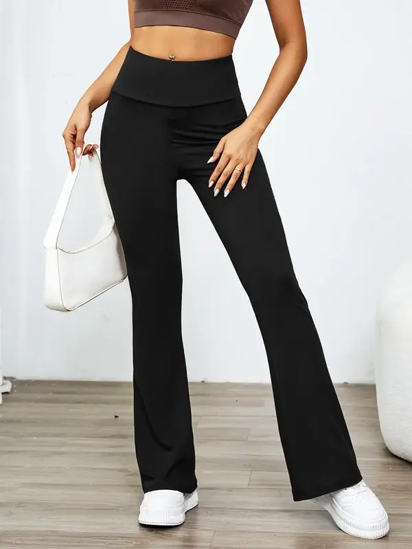 Women's Groove Plain High Waist Wide Band Flare Leg Sports Leggings, Sporty High Stretch Bell Bottom Trousers for Yoga Gym, L...