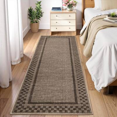 Garvee Washable Runner Rug 2x6 Brown Checkered Non Slip Soft Low Pile Polyester Fiber Textured TPR Durable Modern Hallway Kit...