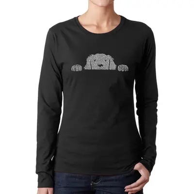 Peeking Dog - Women's Word Art Long Sleeve T-Shirt - Pink - Medium