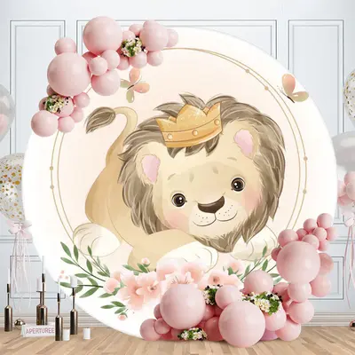 Aperturee Cute Lion And Floral Round Baby Shower Backdrop