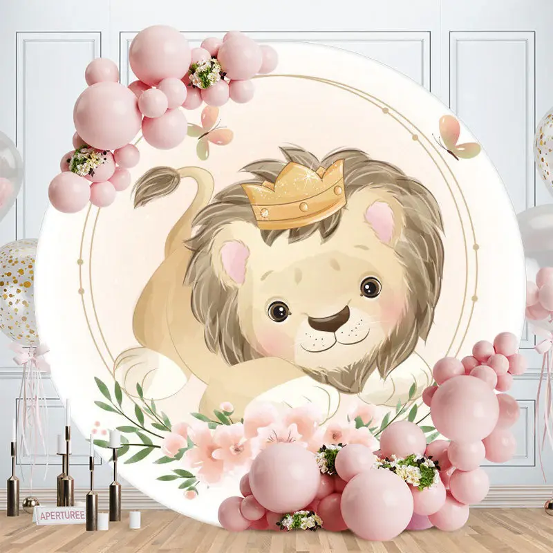 Aperturee Cute Lion And Floral Round Baby Shower Backdrop