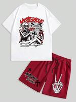 Two-piece Set Men's Skull Print Tee & Drawstring Waist Shorts, Regular Fit Casual Round Neck Short Sleeve T-shirt & Pocket Sh...