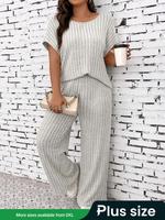 【Plus Size】 Two-Piece Set Solid Ribbed Top & Wide Leg Pants, Minimalist Casual Fashion Cozy Short Sleeve Top & Trousers ...