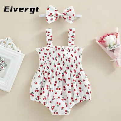 Baby Girl 2Pcs Summer Outfits, Sleeveless Cherry/Carrot/Tree Print Romper with Headband