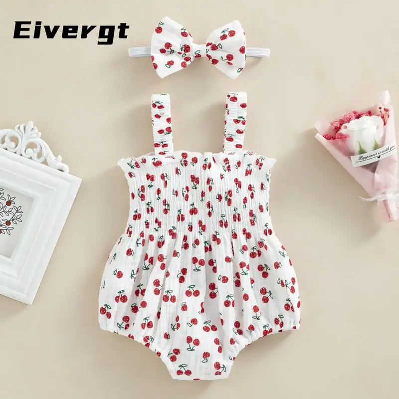 Baby Girl 2Pcs Summer Outfits, Sleeveless Cherry/Carrot/Tree Print Romper with Headband