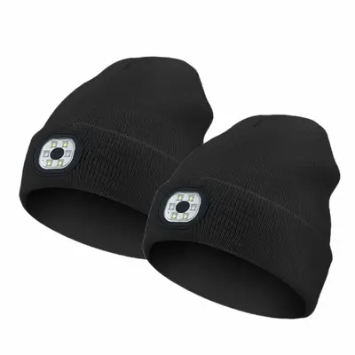 2-Pack USB Rechargeable LED Beanies with Light – Warm Stretchy Acrylic Material with Removable Headlamp, 3 Lighting Modes &...