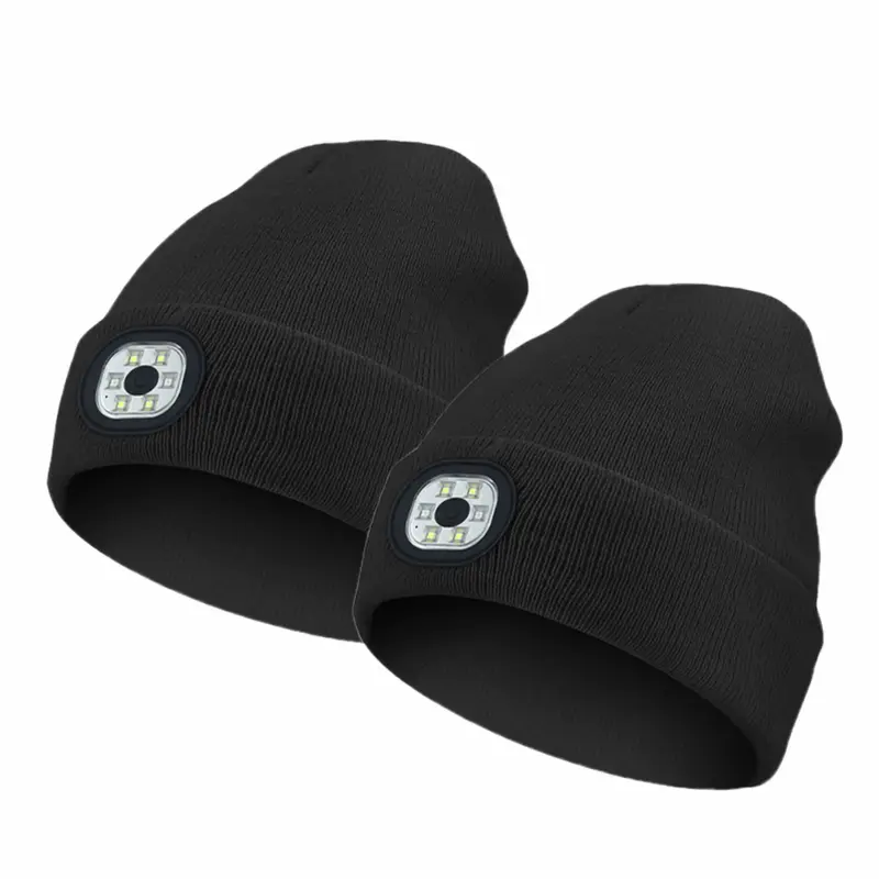 2-Pack USB Rechargeable LED Beanies with Light – Warm Stretchy Acrylic Material with Removable Headlamp, 3 Lighting Modes &...