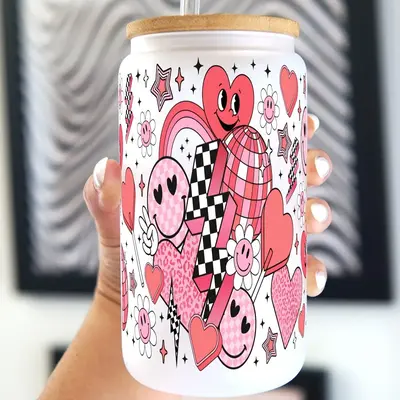 Sip-Sip Hooray! 16oz Cute Groovy Retro Valentine Glass Can Cup with Bamboo Lid & Straw – Reusable Drinkware, Portable Tumbl...