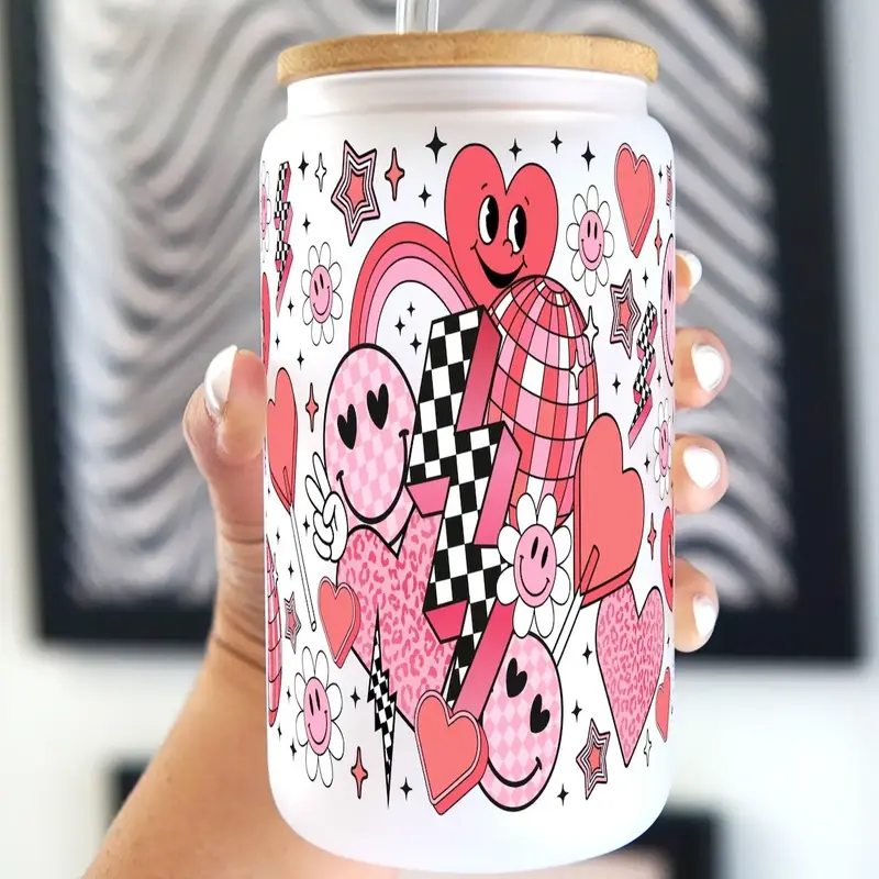 Sip-Sip Hooray! 16oz Cute Groovy Retro Valentine Glass Can Cup with Bamboo Lid & Straw – Reusable Drinkware, Portable Tumbl...