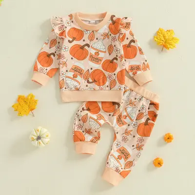 Baby Girl Halloween Outfits Long Sleeve Pumpkin Floral Print Sweatshirt + Pants Set Infant Clothes 3 6 9 12 18 24 Months 2 3...