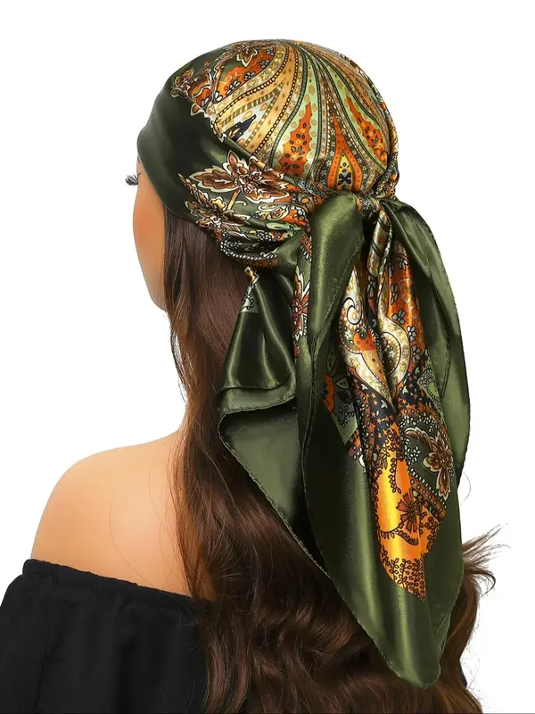 Women's Boho Style Paisley Print Head Wrap Square Scarf, Vintage Trendy Bandana, Fashionable Hair Accessories for Women & Gir...