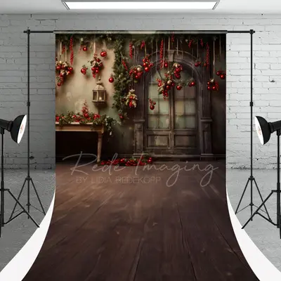 Red Ball Vintage Door Christmas Photoshoot Backdrop - Aperturee