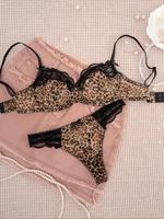 Women's Leopard Print Underwire Bra & Panty Two-piece Set, Soft Comfortable Breathable Lingerie Set for Daily Wear, Underwear...
