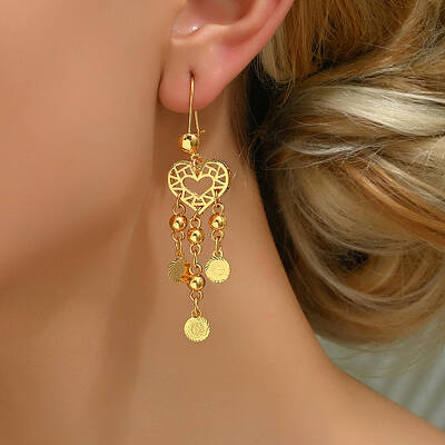 Fashionable Brass Coin with Heart Tassel Hoop Earrings
