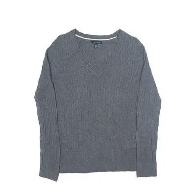 TOMMY HILFIGER Heavy Knit Jumper Grey Cable Knit V-Neck Womens M