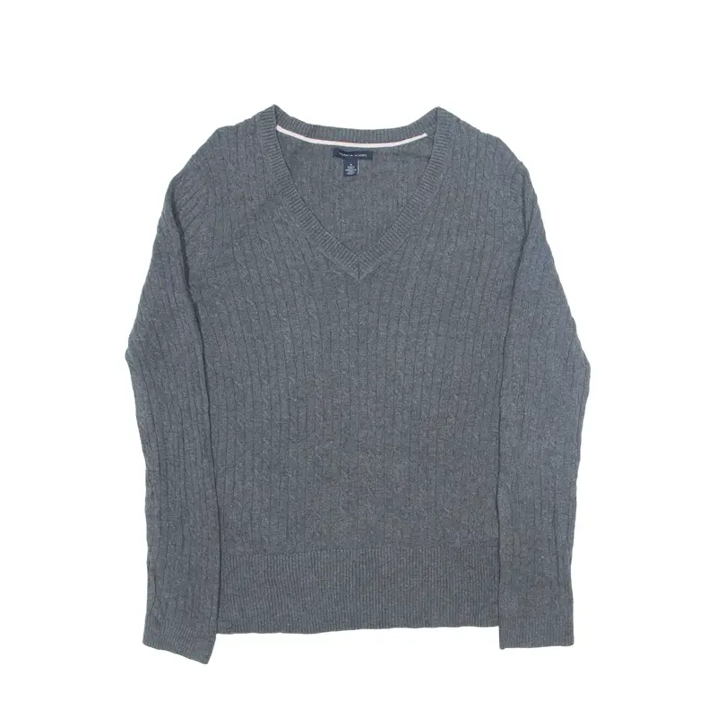 TOMMY HILFIGER Heavy Knit Jumper Grey Cable Knit V-Neck Womens M