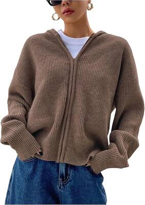 Women's Zip Up Hooded Cardigan Sweater Knitted Drop Shoulder Fall Hoodies Outerwear