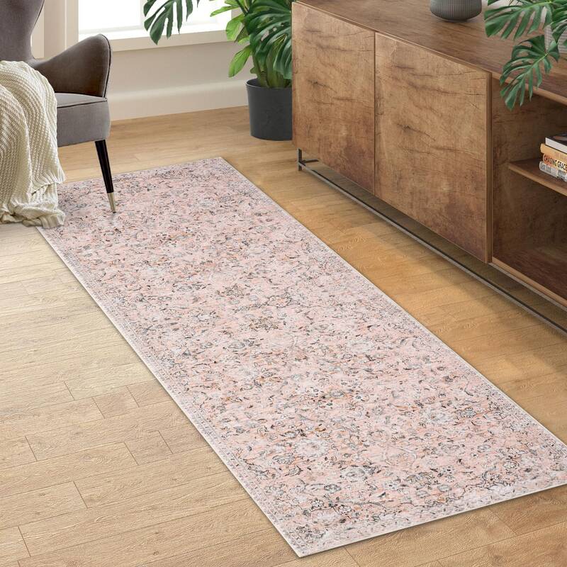 Garvee 2x6 Rug Washable Rugs for Living Room Vintage Floral Area Rug for Bedroom Distressed Oriental Office Rug Low Pile Neut...