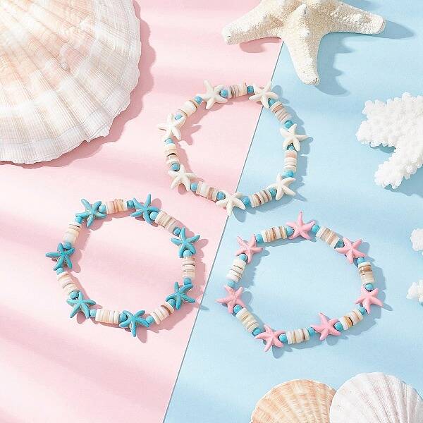 3Pcs Synthetic Turquoise & Natural Freshwater Shell Beads Stretch Bracelets for Women