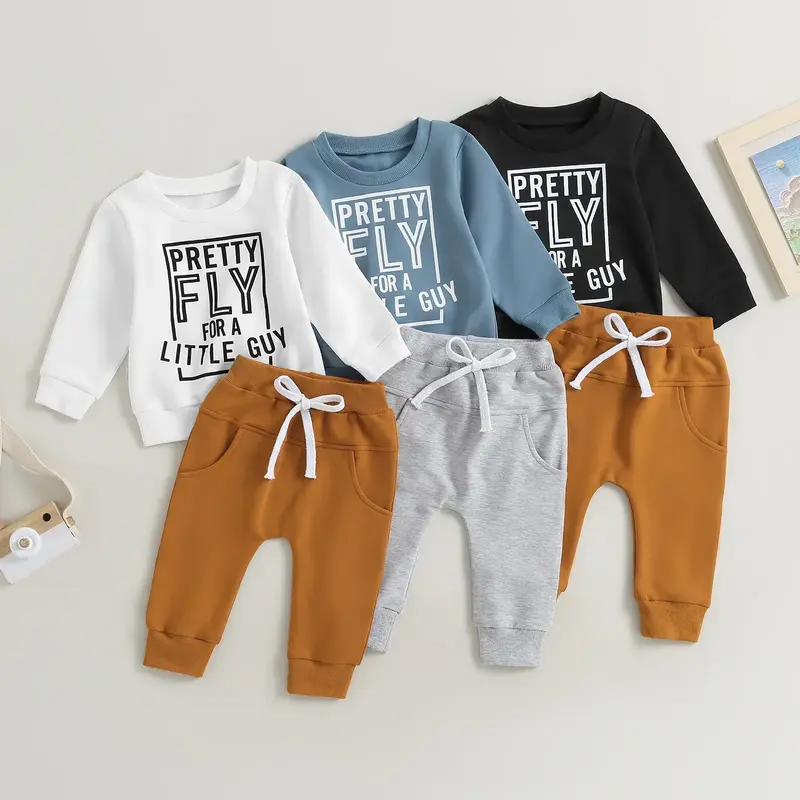 Baby Boys Casual Tops + Pants Set For Toddler Long Sleeve Crew Neck Letters Print Sweatshirt with Elastic Waist Sweatpants In...