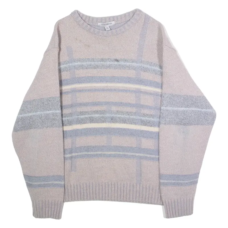 GIOFERRARI Mens Patterned Jumper Beige Striped Crew Neck Tight Knit Wool M