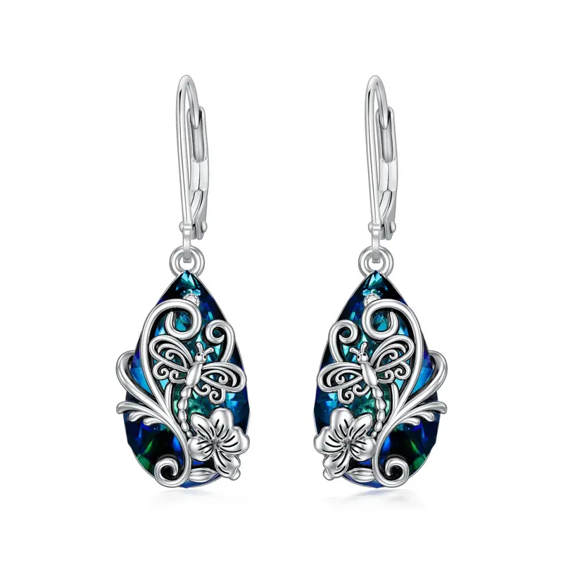 Sterling Silver Crystal & Cubic Zirconia Dragonfly Lever-back Earrings