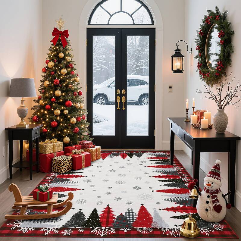 Garvee Christmas Tree Pattern Red 4x6 Rug - Washable Non-Slip & Stain Resistant Low Pile for Hallway, Entryway & Festive Bedr...