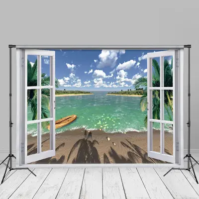 Wooden Boat And Beach Window Summer Backdrop For Photo - Aperturee