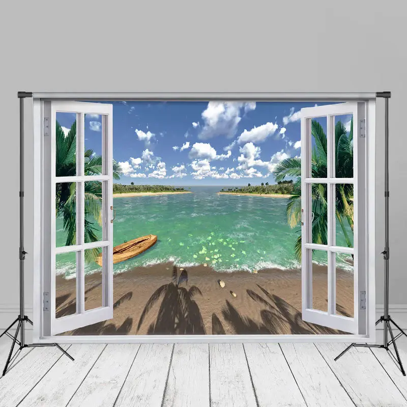 Wooden Boat And Beach Window Summer Backdrop For Photo - Aperturee